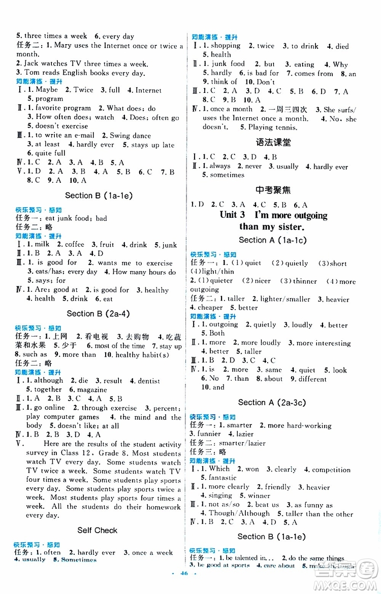 2019年初中同步測控優(yōu)化設(shè)計八年級上冊英語人教版參考答案