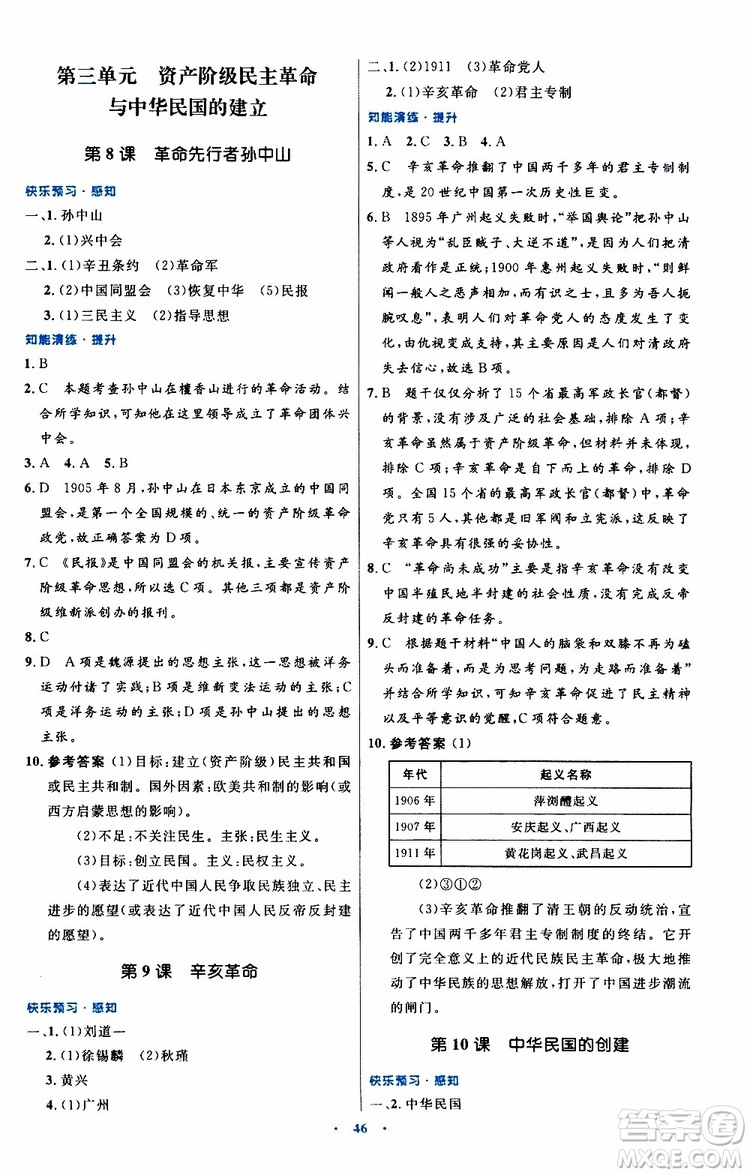 2019年初中同步測(cè)控優(yōu)化設(shè)計(jì)八年級(jí)上冊(cè)中國(guó)歷史人教版參考答案