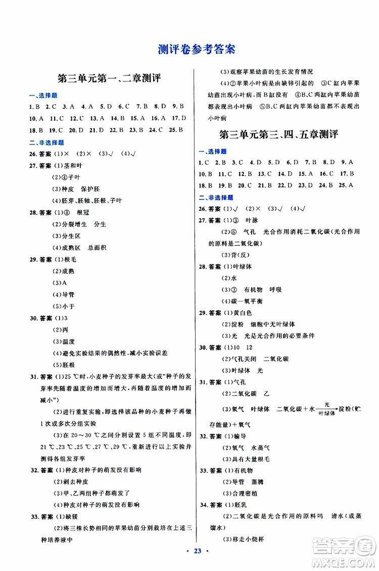 2019年初中同步測(cè)控優(yōu)化設(shè)計(jì)八年級(jí)上冊(cè)生物冀少版參考答案