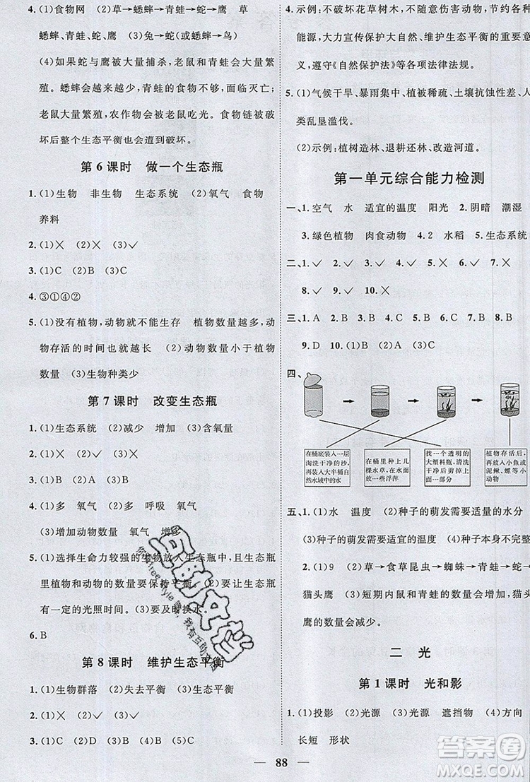 2019年陽光同學課時優(yōu)化作業(yè)五年級科學上冊教科版參考答案