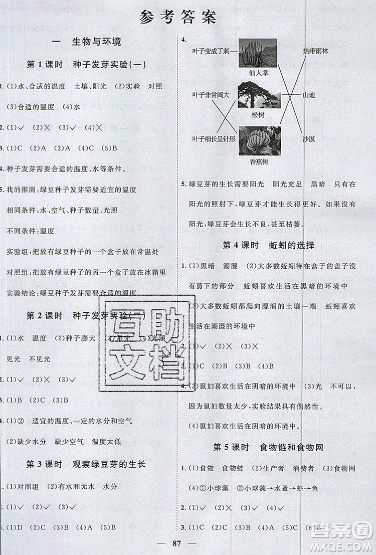 2019年陽光同學課時優(yōu)化作業(yè)五年級科學上冊教科版參考答案