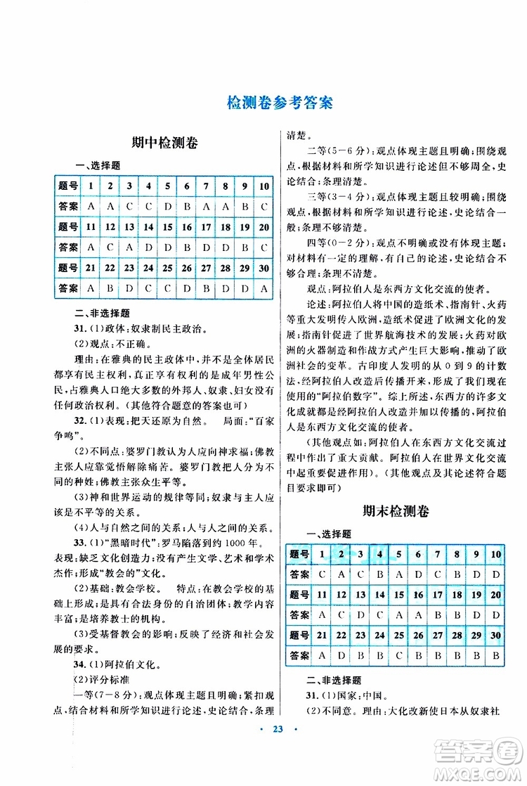 2019年初中同步測控優(yōu)化設(shè)計課堂精練九年級上冊世界歷史福建專版參考答案