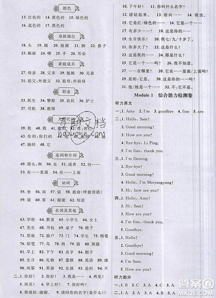 2019年陽光同學(xué)課時優(yōu)化作業(yè)三年級英語上冊外研版參考答案