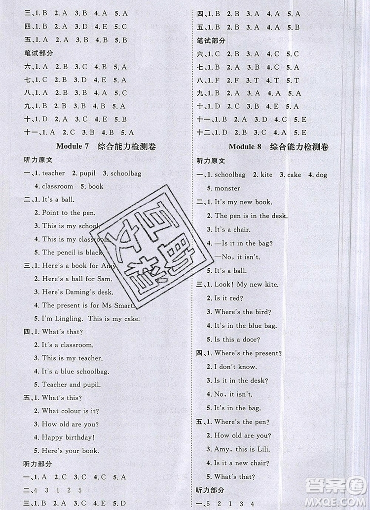 2019年陽光同學(xué)課時優(yōu)化作業(yè)三年級英語上冊外研版參考答案