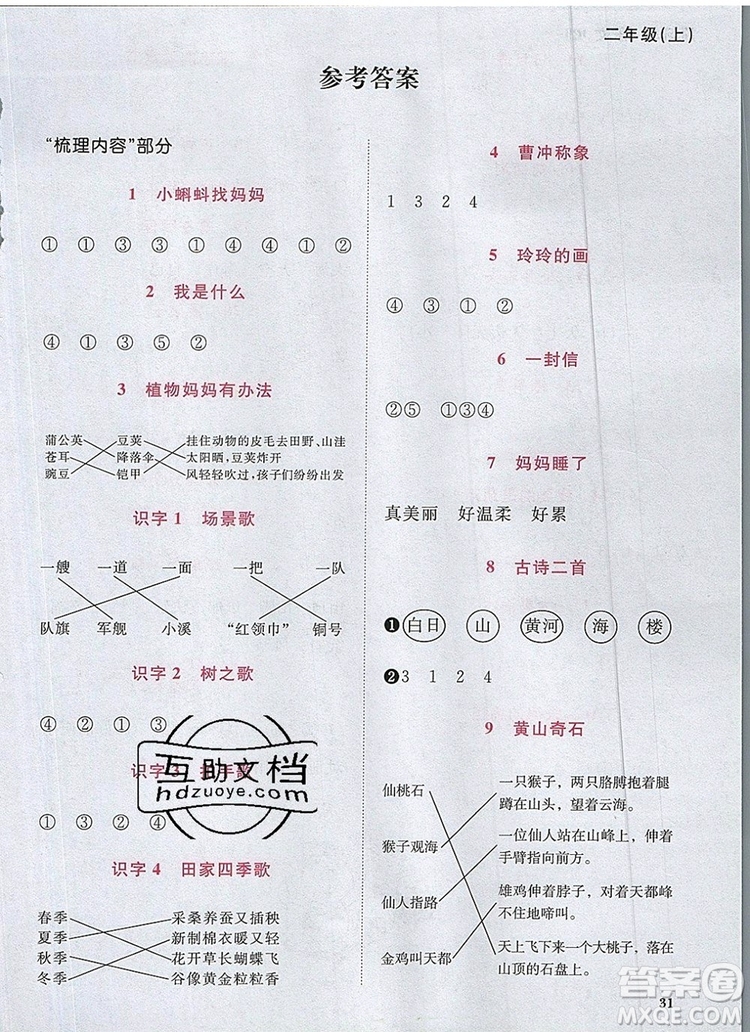 2019年陽光同學(xué)課時優(yōu)化作業(yè)二年級語文上冊人教版參考答案