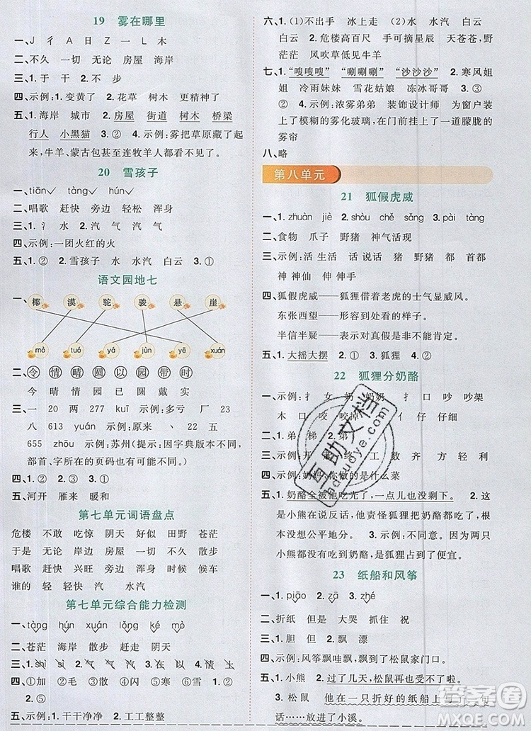 2019年陽光同學(xué)課時優(yōu)化作業(yè)二年級語文上冊人教版參考答案