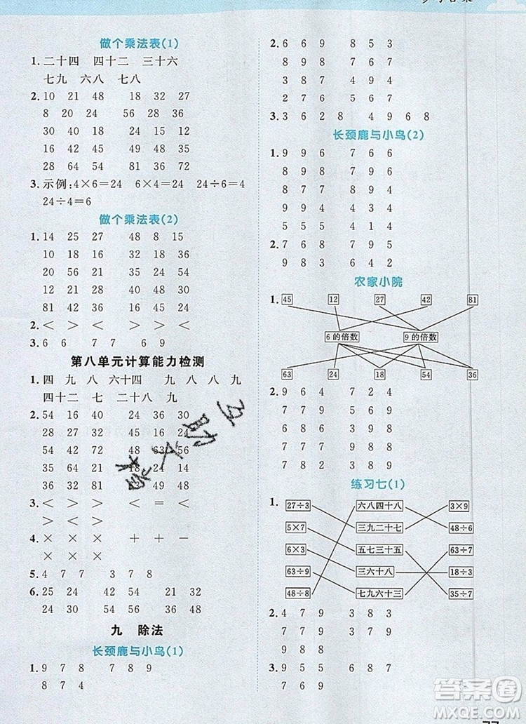 2019年陽光同學計算小達人二年級數(shù)學上冊北師大版參考答案