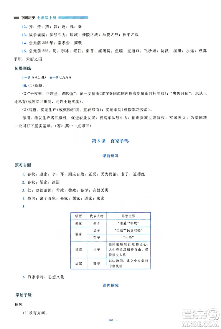 北京師范大學(xué)出版社2019年課堂精練七年級(jí)中國(guó)歷史上冊(cè)大慶專(zhuān)版答案