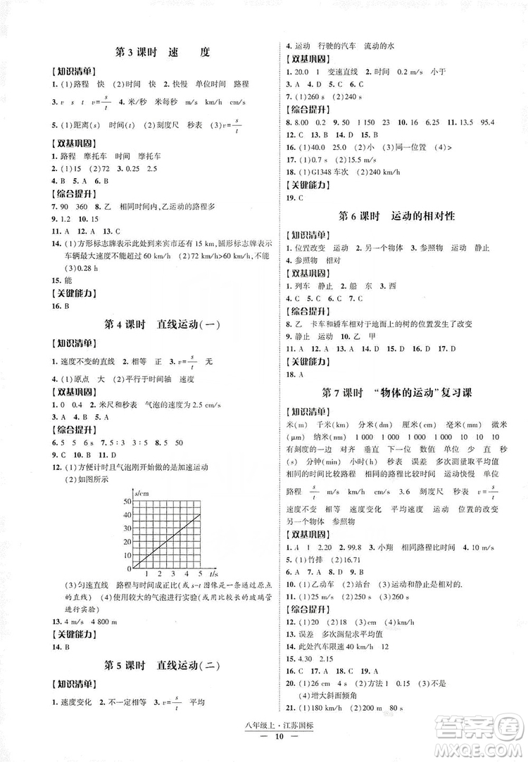 經(jīng)綸學(xué)典2019新課時(shí)作業(yè)八年級(jí)物理上冊(cè)江蘇國標(biāo)版答案