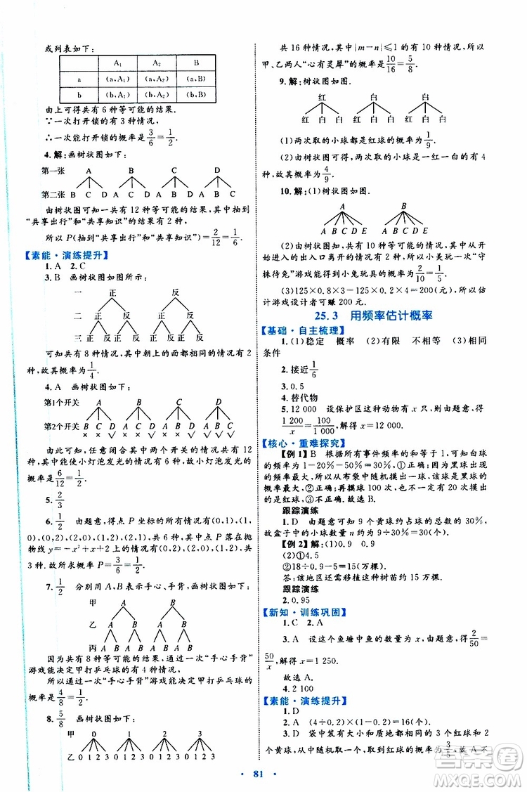 2019年初中同步學習目標與檢測數(shù)學九年級全一冊參考答案