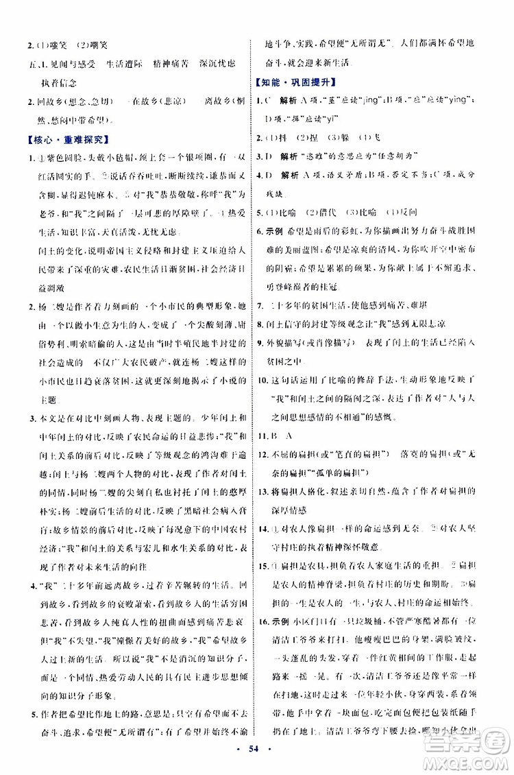 2019年初中同步學(xué)習(xí)目標(biāo)與檢測語文九年級(jí)上冊參考答案