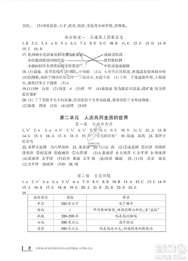 寧波出版社2019新課標學習方法指導叢書7年級歷史與社會上冊人教版答案