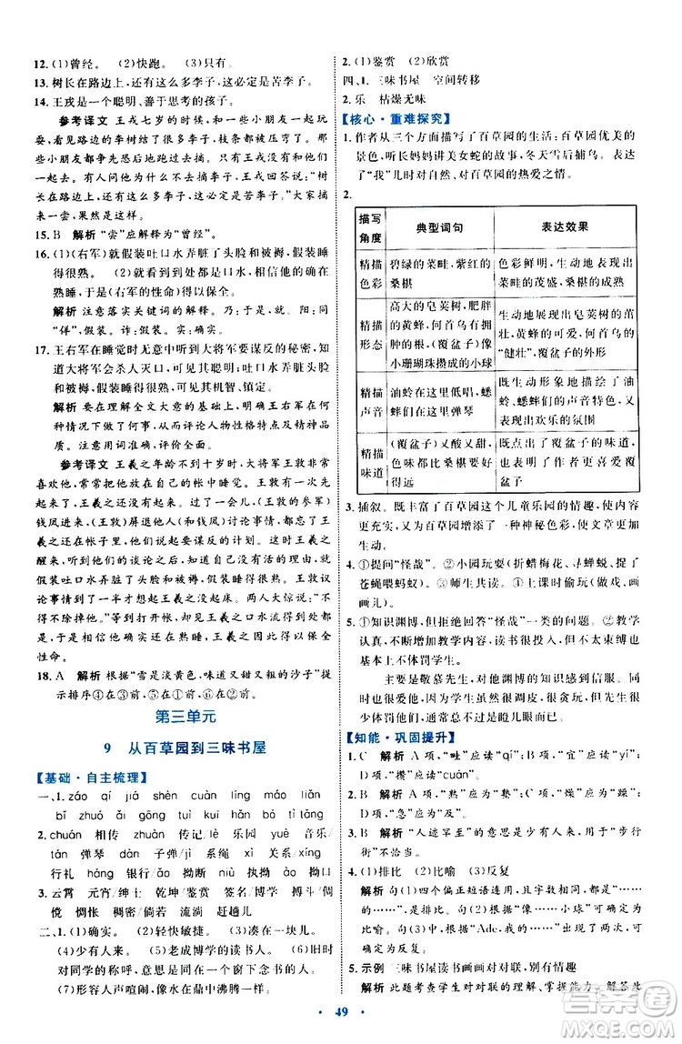 2019年初中同步學(xué)習(xí)目標與檢測語文七年級上冊人教版參考答案