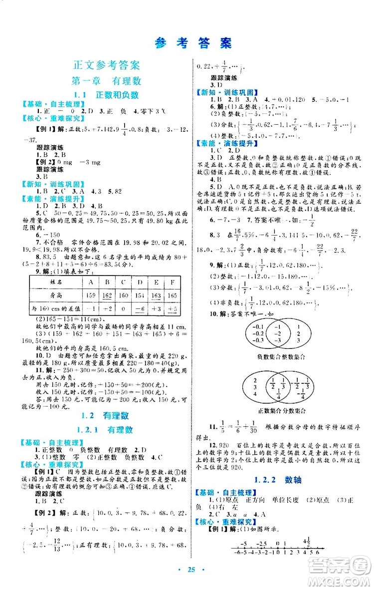 2019年初中同步學(xué)習(xí)目標(biāo)與檢測數(shù)學(xué)七年級上冊人教版參考答案