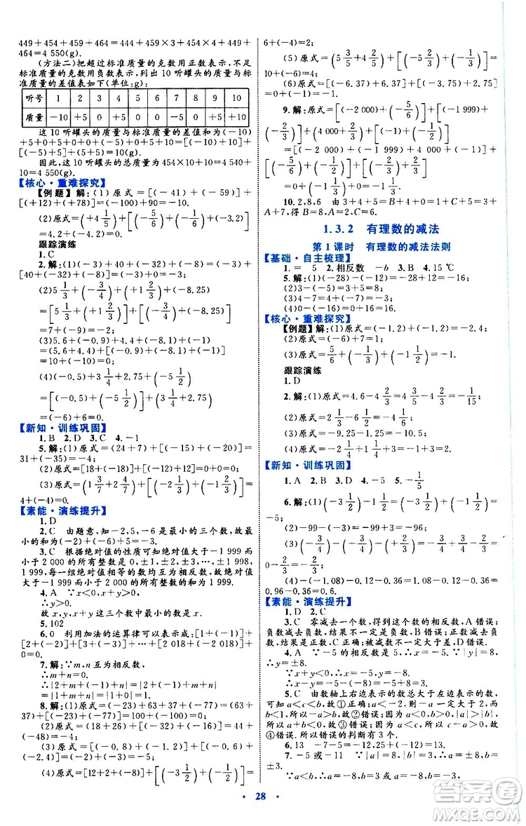 2019年初中同步學(xué)習(xí)目標(biāo)與檢測數(shù)學(xué)七年級上冊人教版參考答案