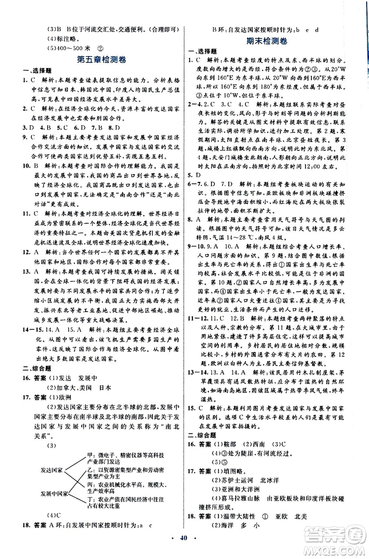 2019年初中同步學(xué)習(xí)目標(biāo)與檢測地理七年級上冊人教版參考答案