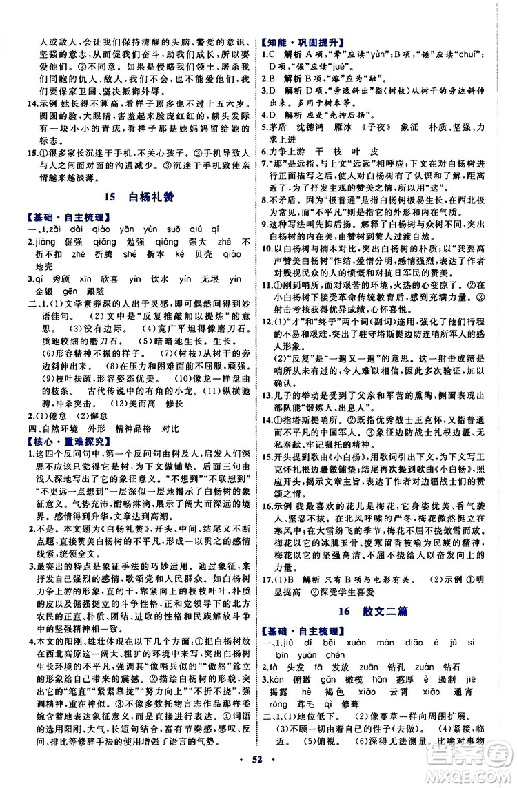 2019年初中同步學(xué)習(xí)目標(biāo)與檢測(cè)語文八年級(jí)上冊(cè)人教版參考答案