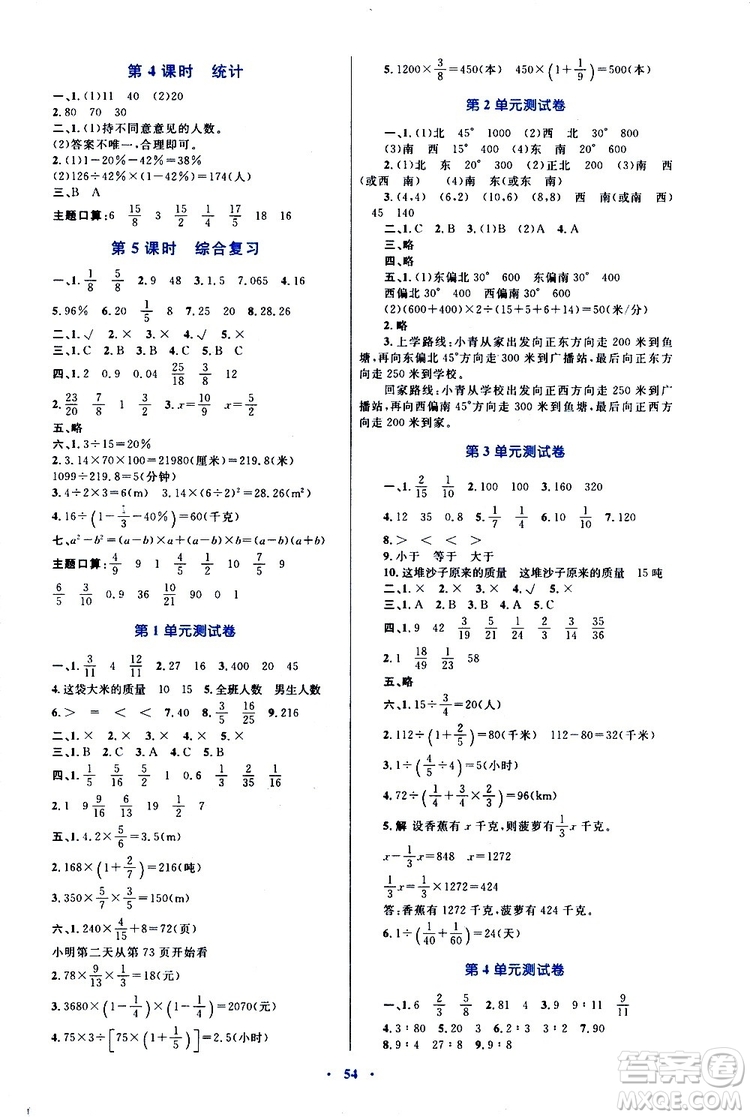 2019年小學(xué)同步學(xué)習(xí)目標(biāo)與檢測數(shù)學(xué)六年級上冊人教版參考答案