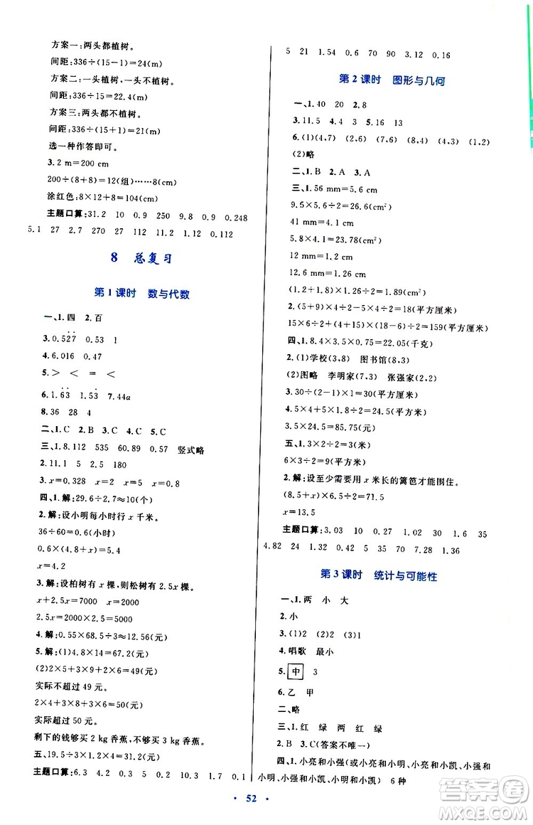 2019年小學(xué)同步學(xué)習(xí)目標(biāo)與檢測數(shù)學(xué)五年級(jí)上冊(cè)人教版參考答案