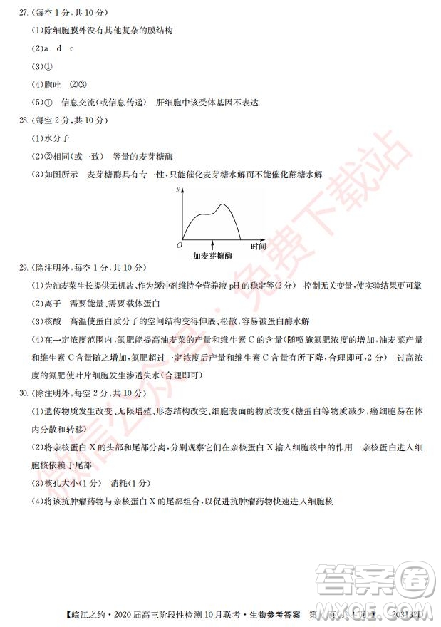 皖江之約2020屆高三階段性檢測10月聯(lián)考生物答案