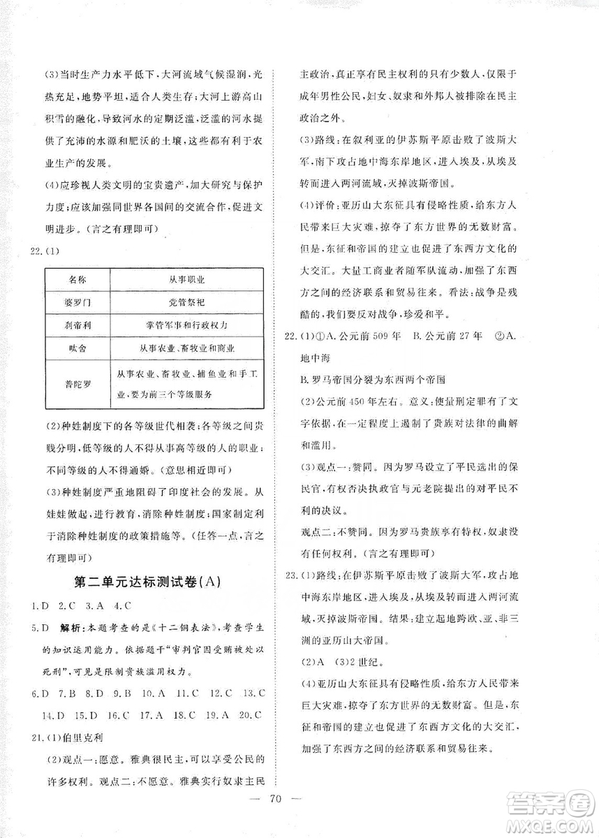 湖北教育出版社2019黃岡測試卷九年級歷史上冊答案