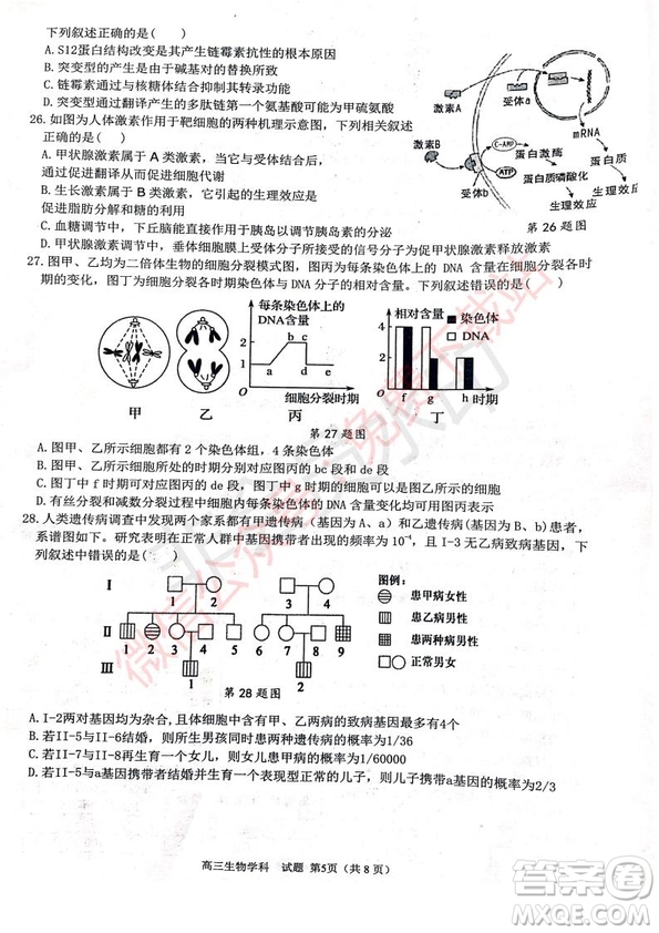 2020屆浙南名校聯(lián)盟第一次聯(lián)考生物試題及答案