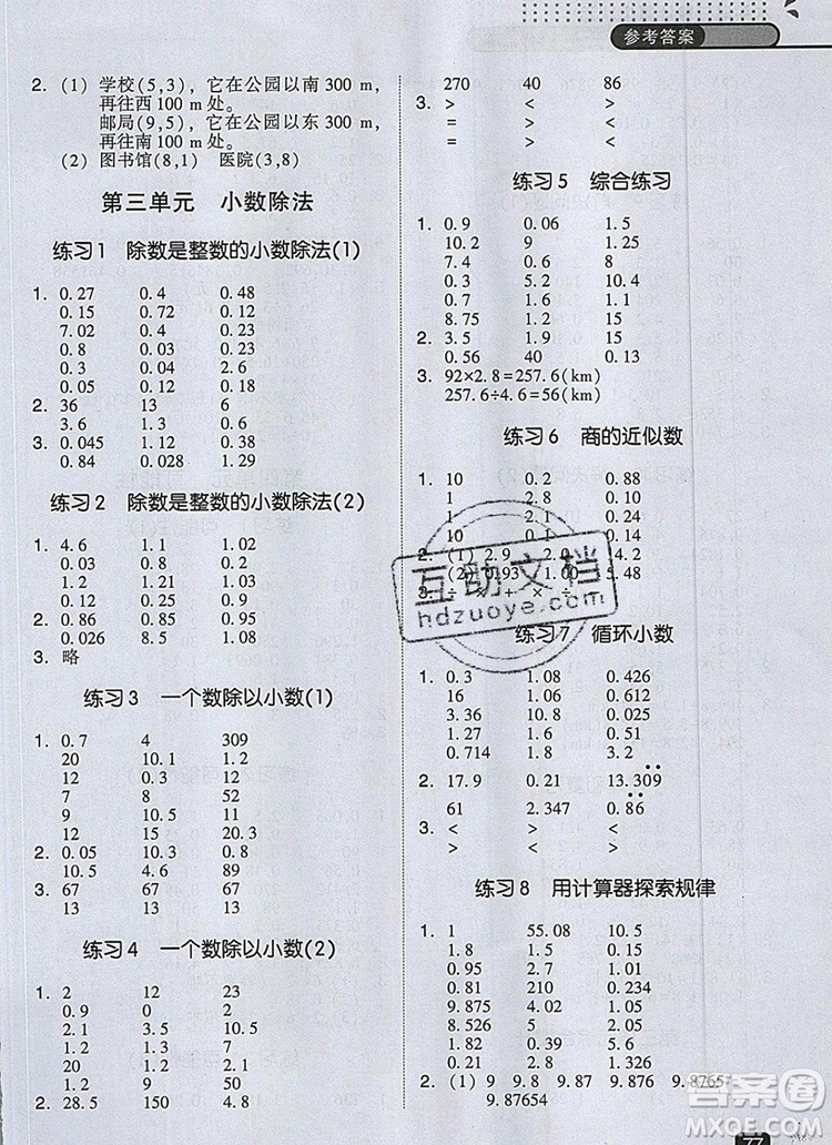 2019年木頭馬口算計(jì)算小狀元小學(xué)數(shù)學(xué)口算計(jì)算天天練五年級上冊人教版參考答案