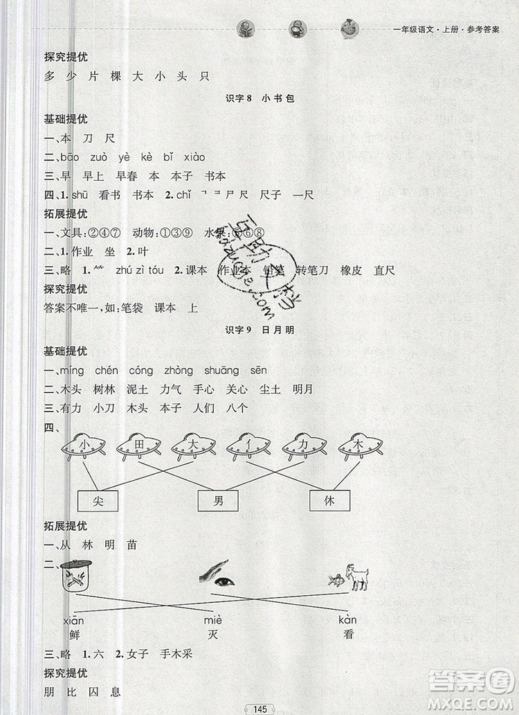 2019年金鑰匙提優(yōu)訓(xùn)練課課練一年級(jí)語(yǔ)文上冊(cè)全國(guó)版參考答案