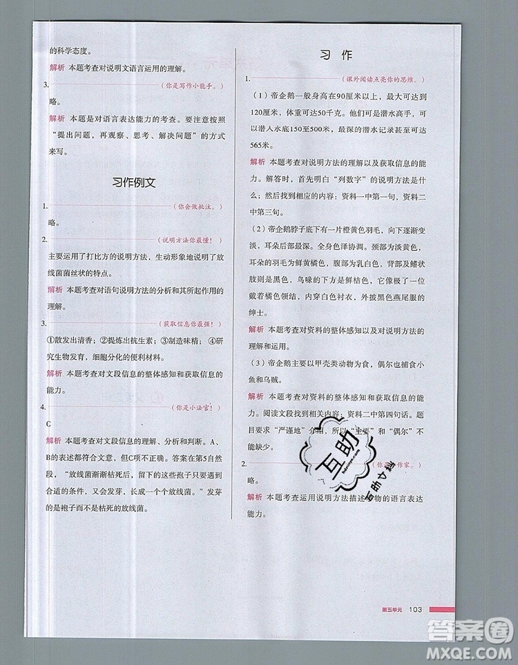 2019年一本我愛寫作業(yè)小學語文五年級上冊人教版參考答案