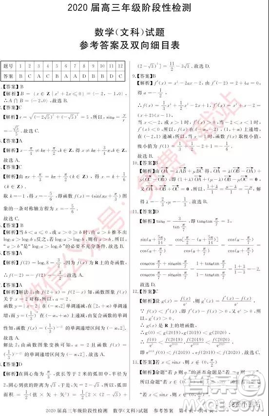 武漢尚品聯(lián)考2020屆高三年級階段性檢測文科數(shù)學試題及答案