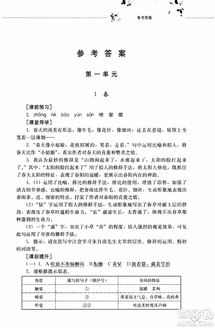 山東大學(xué)出版社2019年初中課堂同步訓(xùn)練七年級(jí)上冊(cè)語(yǔ)文參考答案