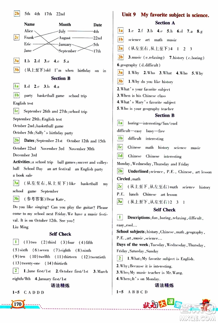 狀元成才路2019年?duì)钤笳n堂導(dǎo)學(xué)案標(biāo)準(zhǔn)本七年級(jí)英語上R人教版參考答案