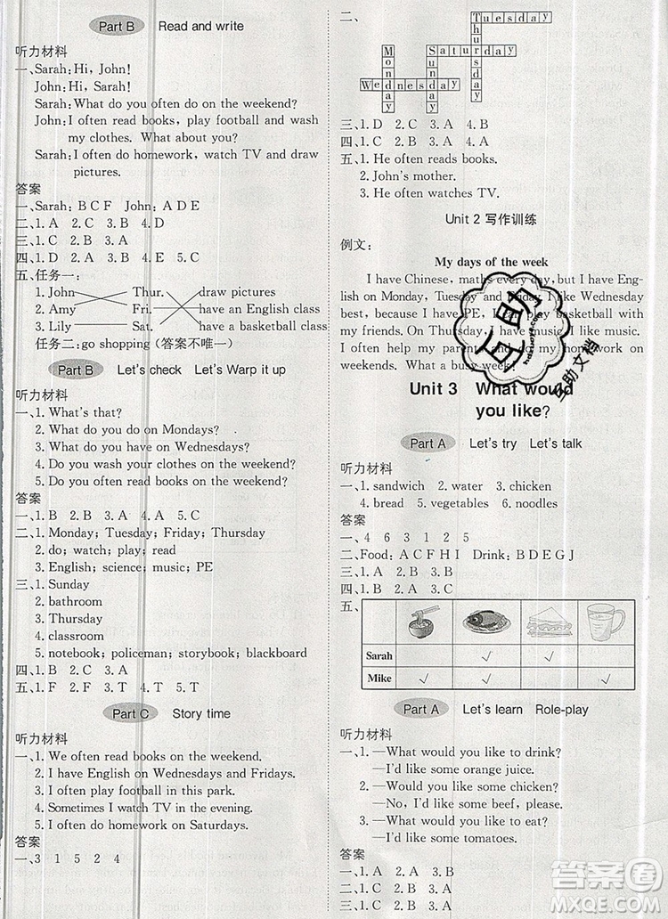 2019年1加1輕巧奪冠優(yōu)化訓(xùn)練五年級英語上冊人教PEP版參考答案