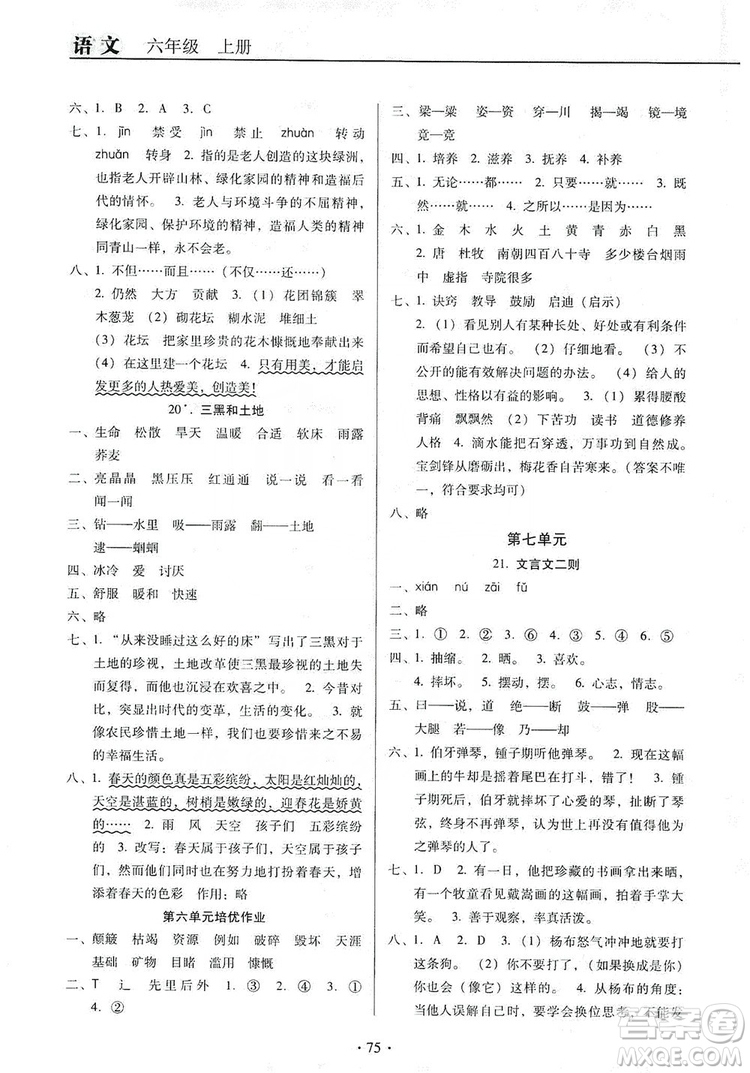 2019名校名師培優(yōu)作業(yè)本+核心試卷六年級語文上冊人教版答案