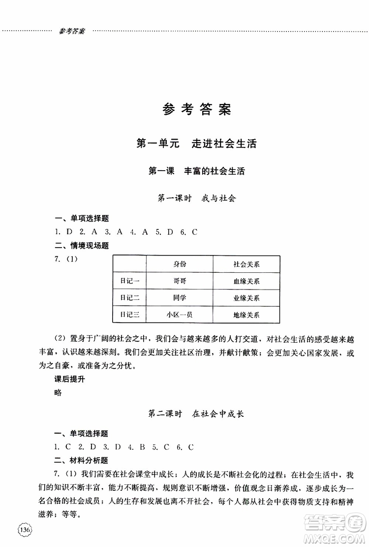 山東大學(xué)出版社2019年初中課堂同步訓(xùn)練道德與法治八年級(jí)上冊(cè)參考答案