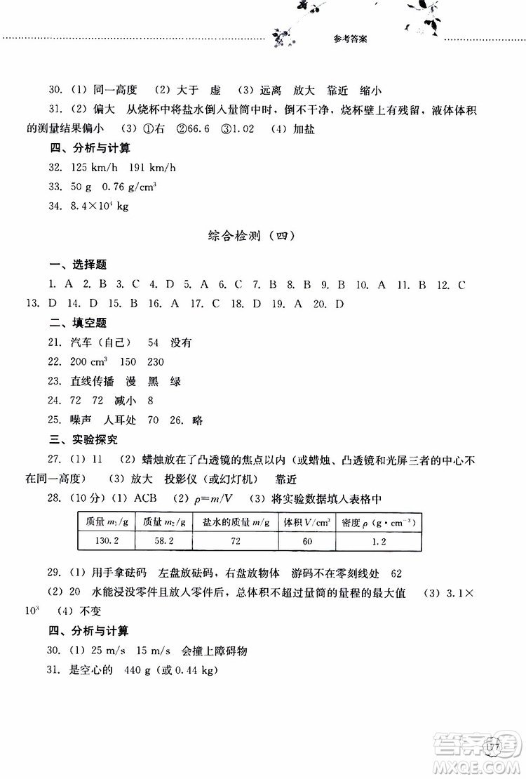 山東大學(xué)出版社2019年初中課堂同步訓(xùn)練物理八年級(jí)上冊(cè)參考答案