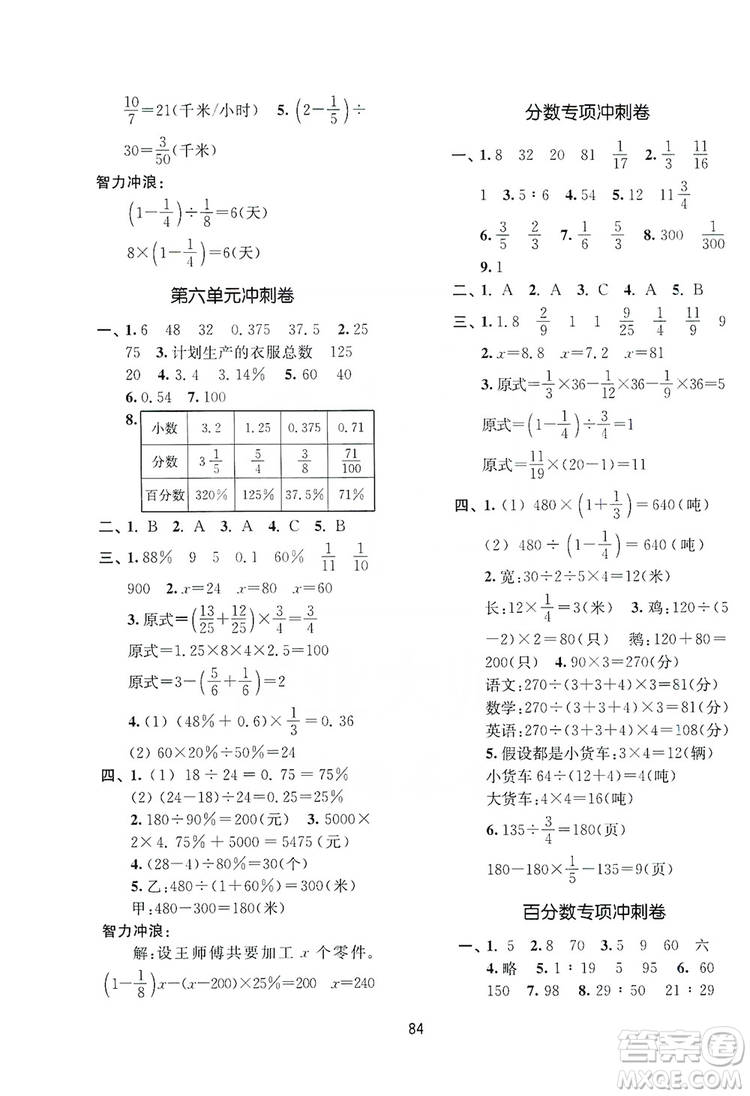 2019名師點撥期末沖刺滿分卷六年級數(shù)學上冊國標江蘇版答案