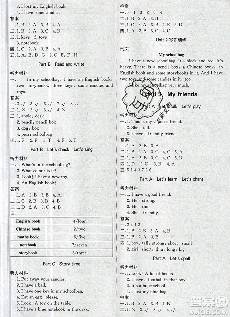 2019年1加1輕巧奪冠優(yōu)化訓(xùn)練四年級(jí)英語上冊(cè)人教PEP版參考答案