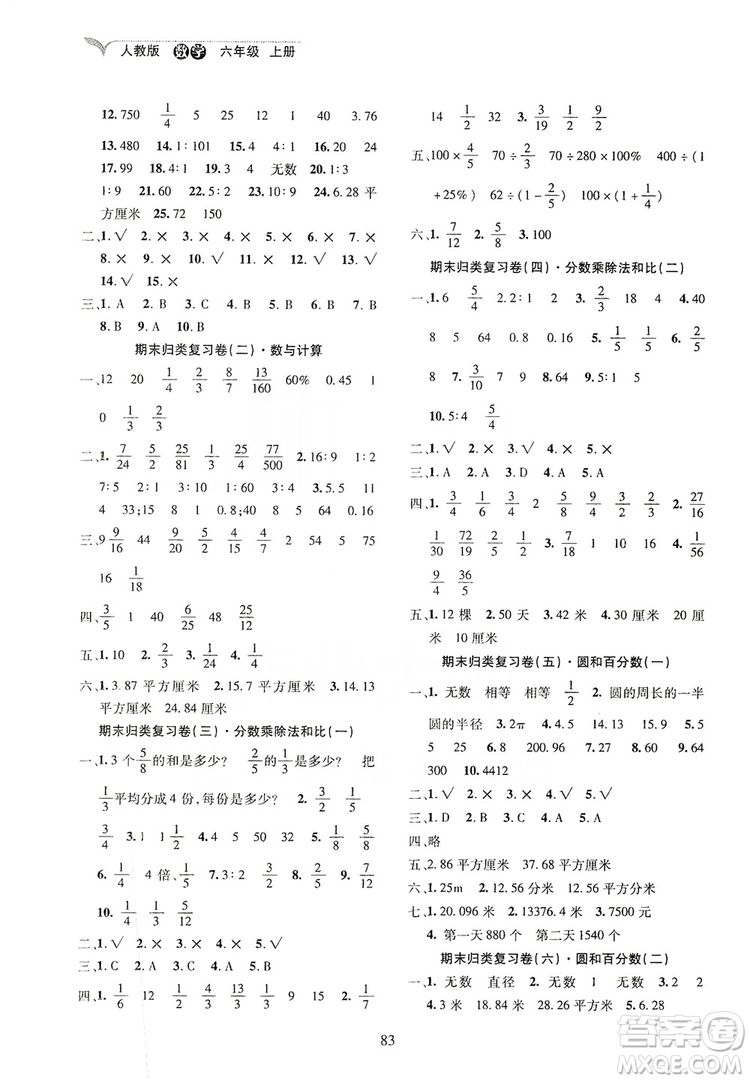 2019云南名校名卷期末沖刺100分六年級數學人教版答案