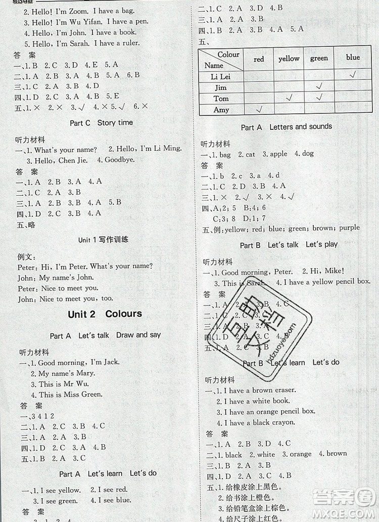 1加1輕巧奪冠優(yōu)化訓(xùn)練三年級英語上冊人教PEP版2019年參考答案