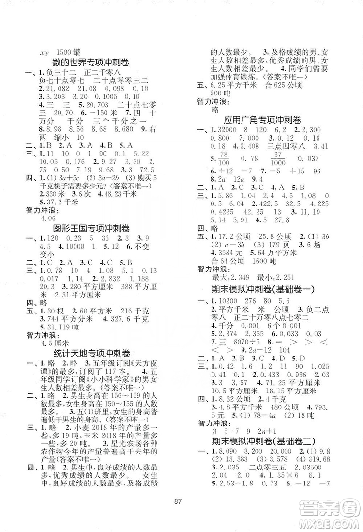 南京大學出版社2019期末沖刺滿分卷五年級數學上冊蘇教版答案