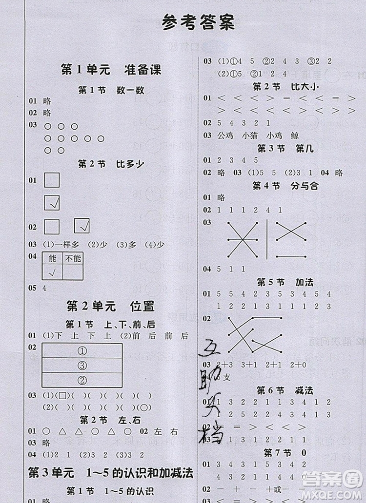 2019年1加1輕巧奪冠課堂直播一年級(jí)數(shù)學(xué)上冊(cè)人教版參考答案