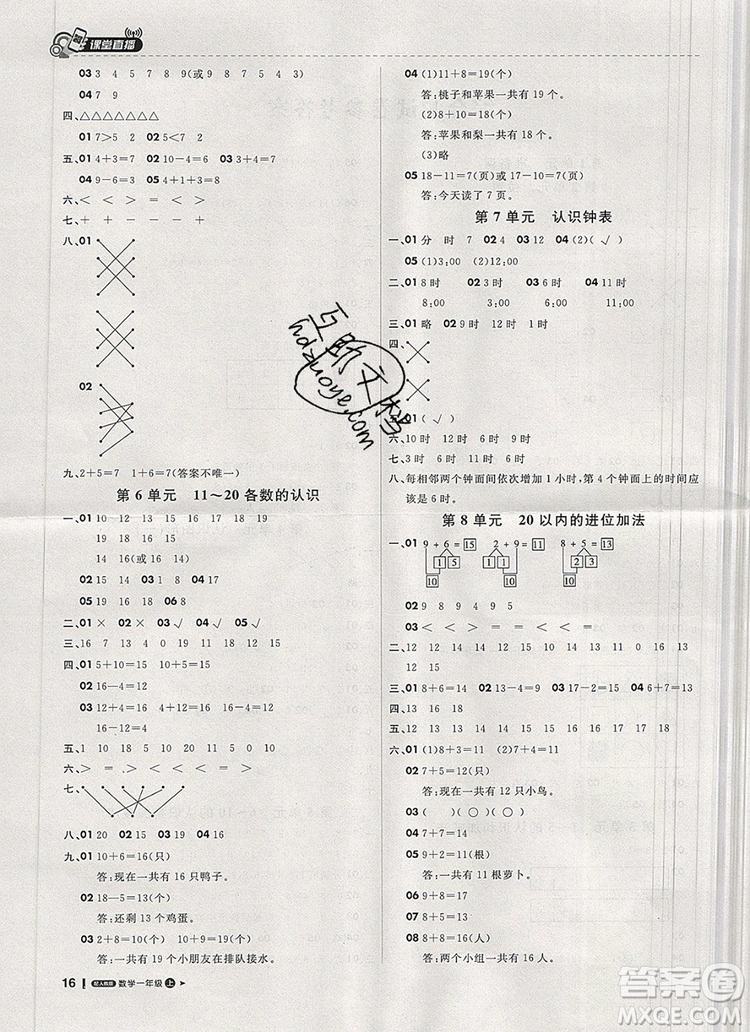 2019年1加1輕巧奪冠課堂直播一年級(jí)數(shù)學(xué)上冊(cè)人教版參考答案