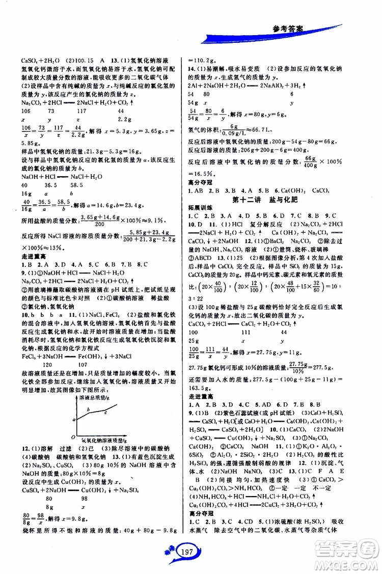 2019新版走進重高培優(yōu)講義化學九年級全一冊人教版參考答案