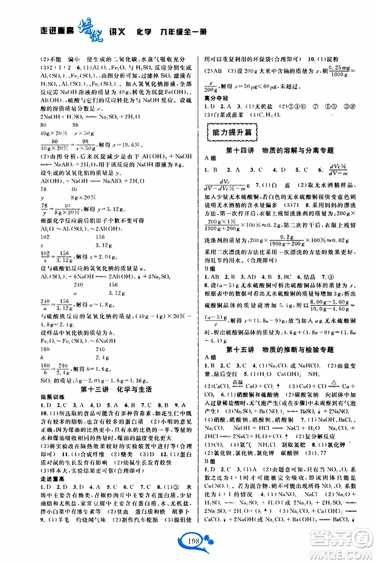 2019新版走進重高培優(yōu)講義化學九年級全一冊人教版參考答案