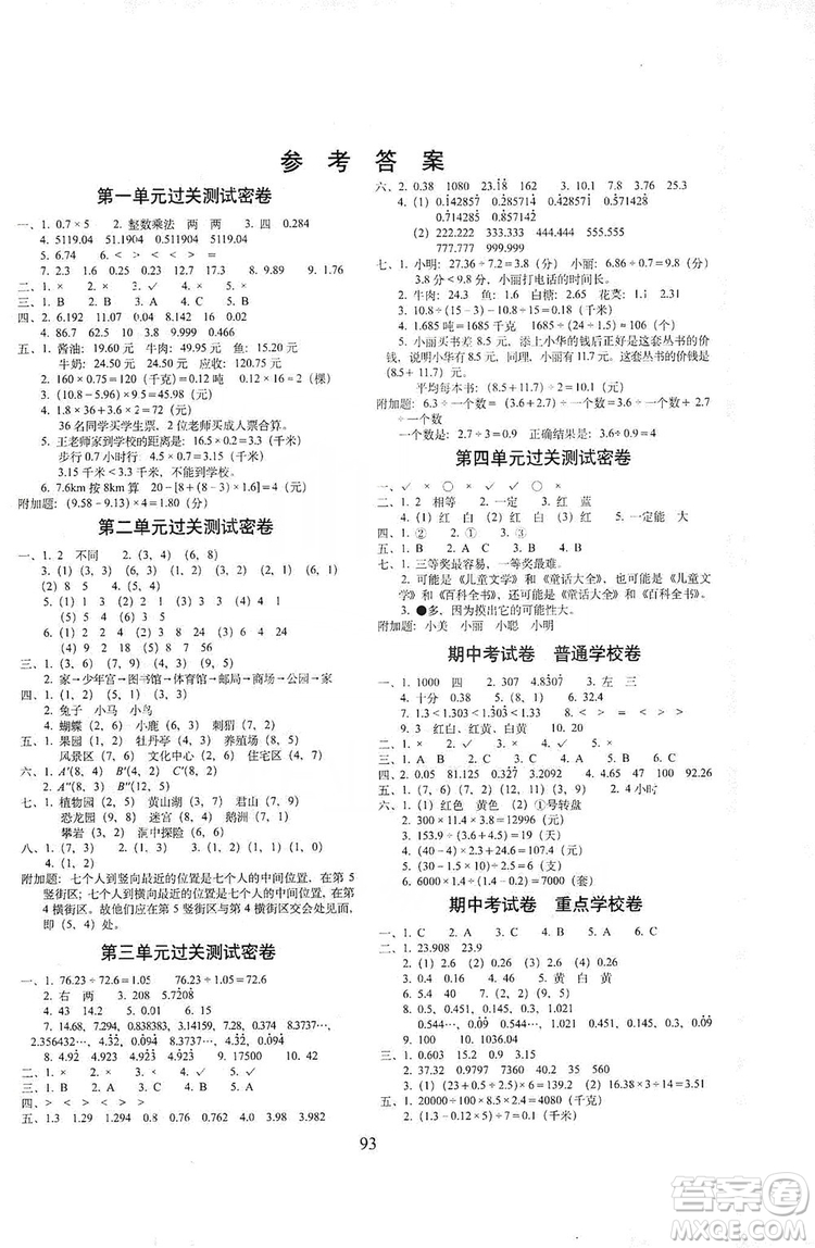 68所名校圖書(shū)2019秋期末沖刺100分完全試卷五年級(jí)數(shù)學(xué)RJ課標(biāo)版答案