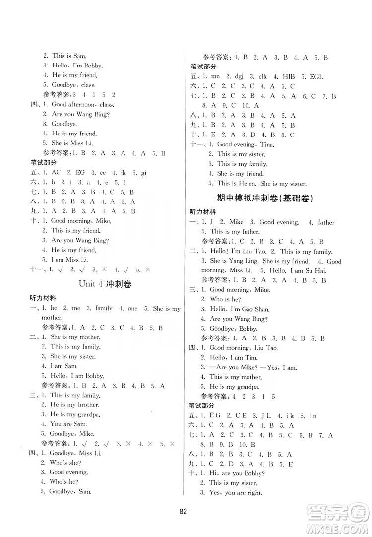 2019名師點(diǎn)撥期末沖刺滿分卷三年級(jí)英語(yǔ)上冊(cè)國(guó)標(biāo)江蘇版答案