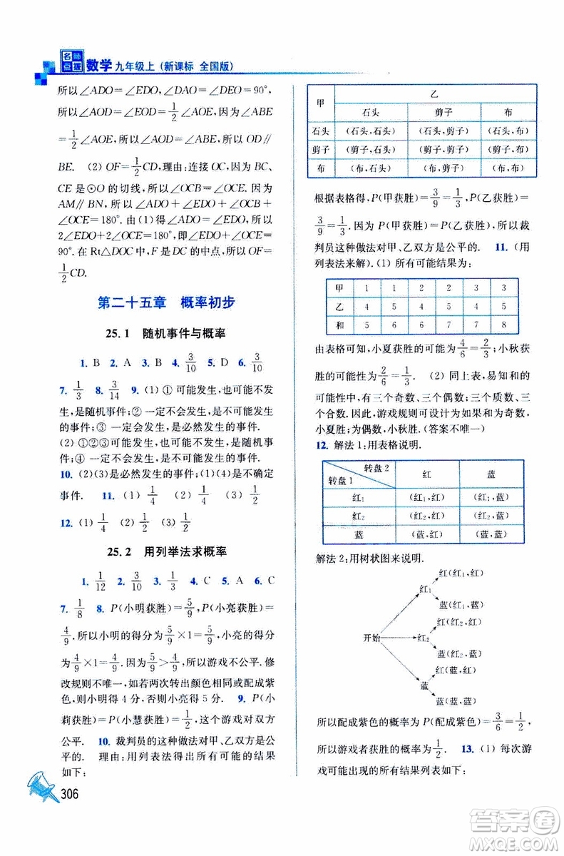 2019年名師點撥課課通教材全解析數(shù)學九年級上新課標全國版參考答案