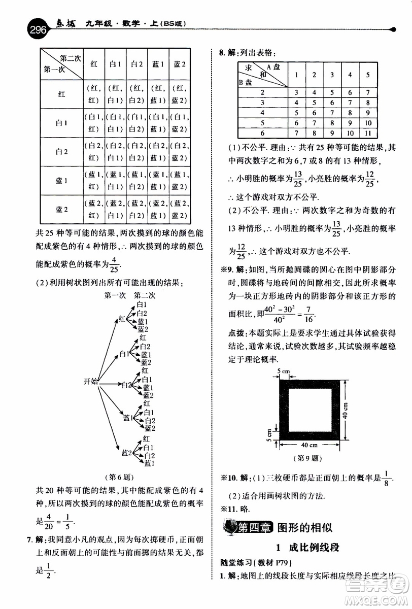 2019年榮德基特高級教師點(diǎn)撥數(shù)學(xué)九年級上BS版北師版參考答案