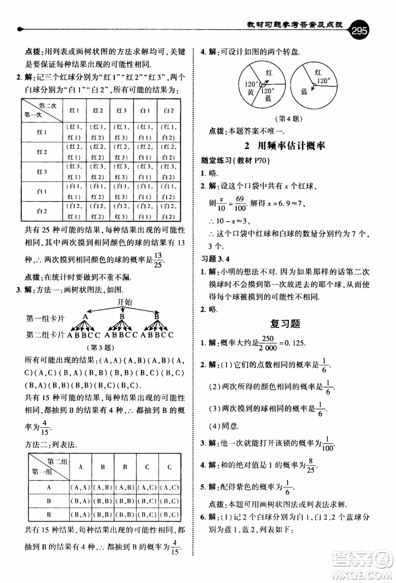 2019年榮德基特高級教師點(diǎn)撥數(shù)學(xué)九年級上BS版北師版參考答案